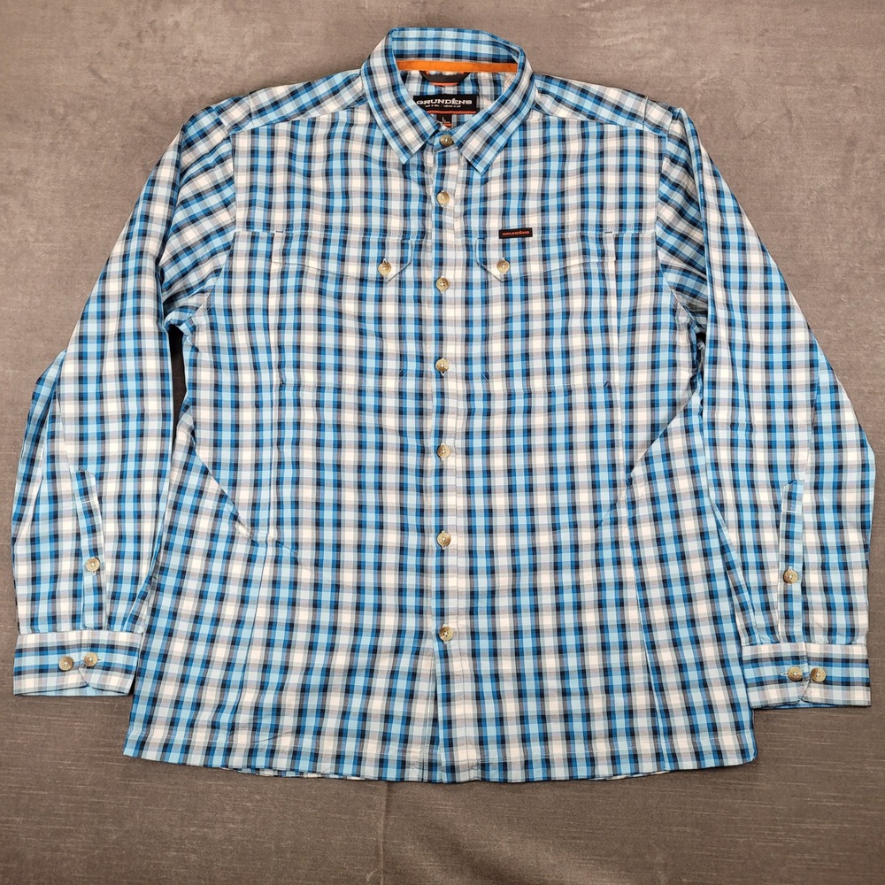 Grundens Mens Large Blue Plaid Long Sleeve‎ Button Down Fishing Shirt